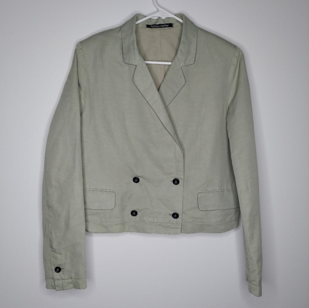 Hannes Roether Double-Breasted Jacket Medium Crop Green Linen Cotton‎ Pockets